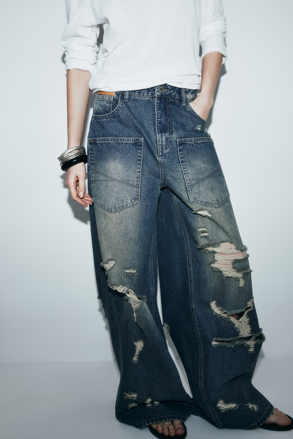 Джинсы baggy fit со средней посадкой рваные - цвет синий - 1