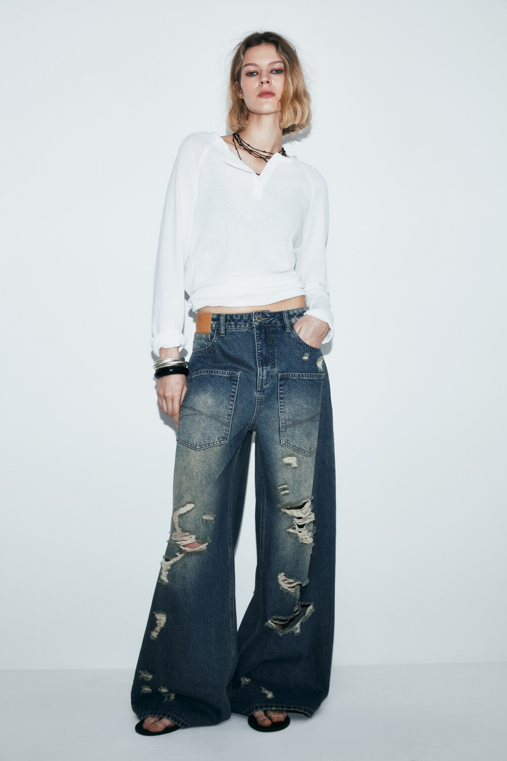 Джинсы baggy fit со средней посадкой рваные - цвет синий - 5