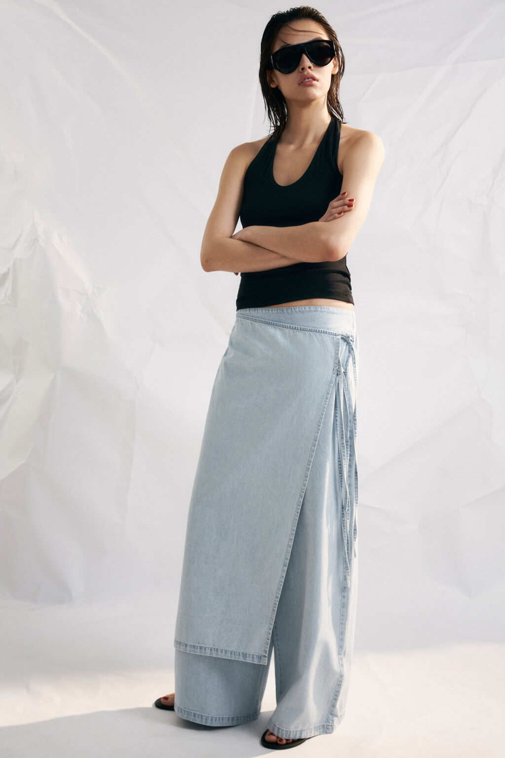 Джинсы wide leg с фартуком на завязках - цвет голубой - 1