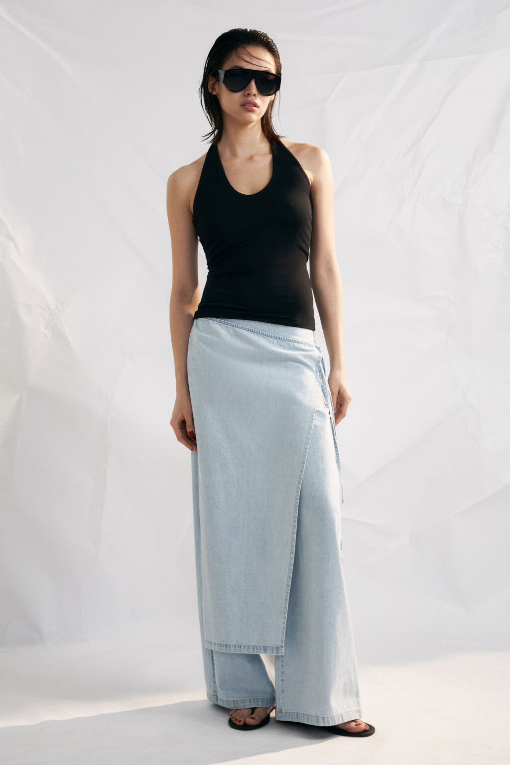 Джинсы wide leg с фартуком на завязках - цвет голубой - 4