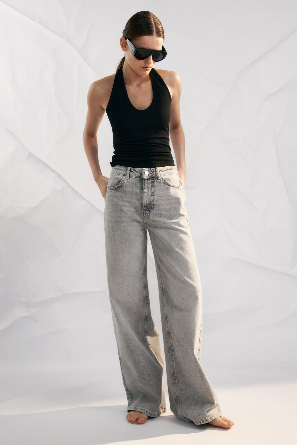 Джинсы широкие со средней посадкой - цвет серый - 4