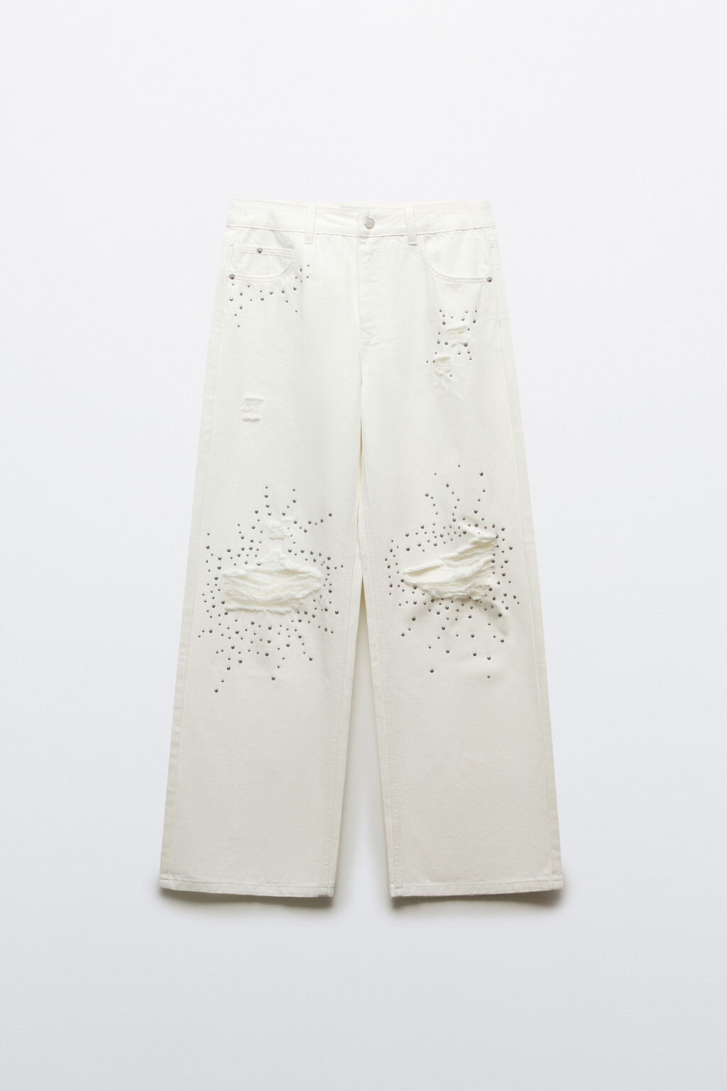 Джинсы багги со средней посадкой и заклепками рваные - цвет белый - 1