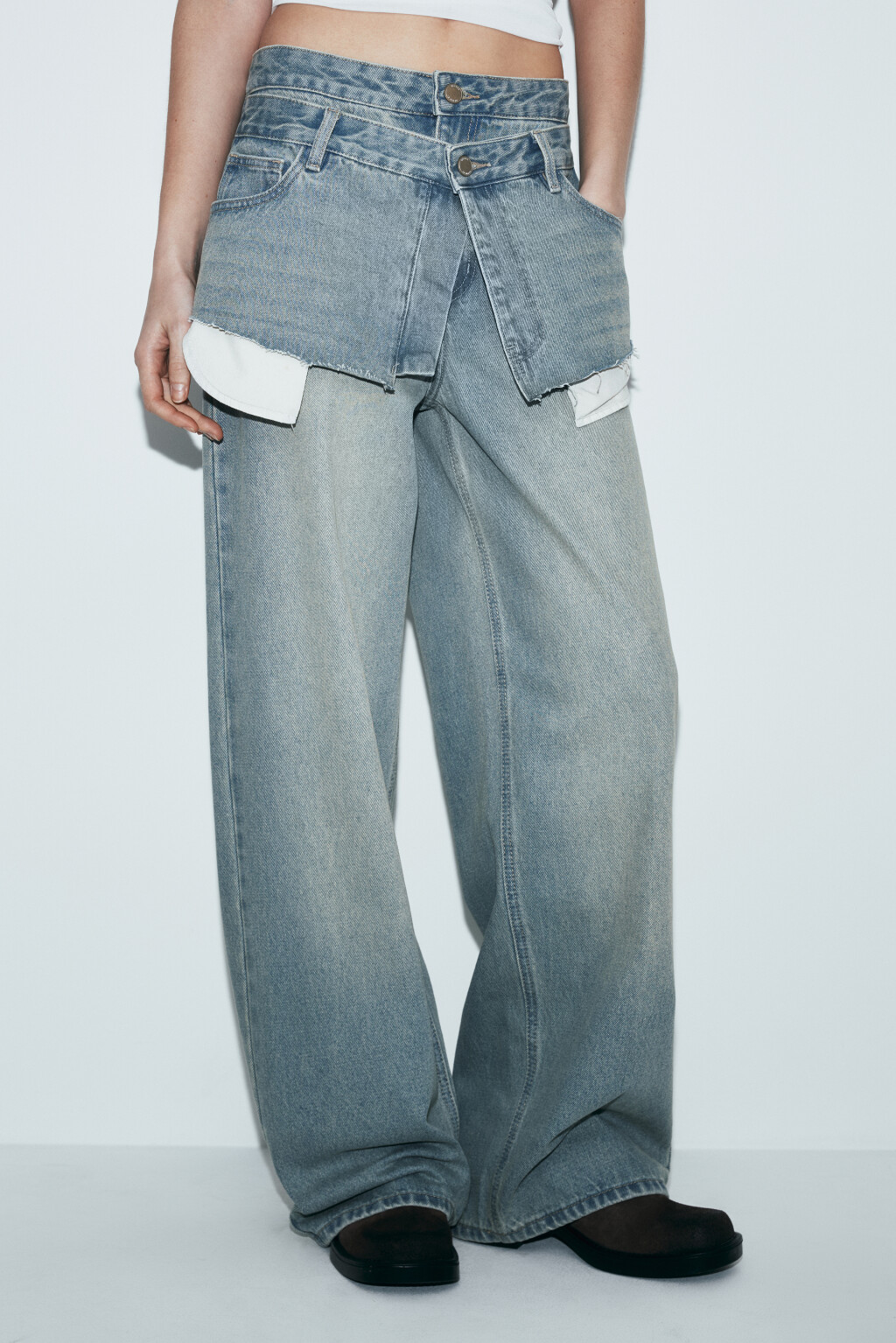 Джинсы wide leg со средней посадкой и имитацией юбки - цвет синий - 2