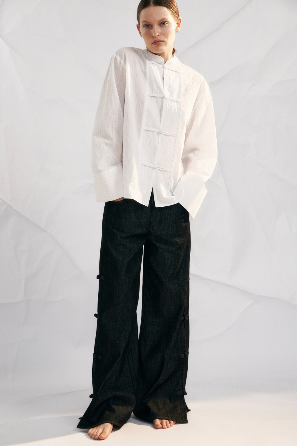 Джинсы широкие со средней посадкой в китайском стиле - цвет черный - 2