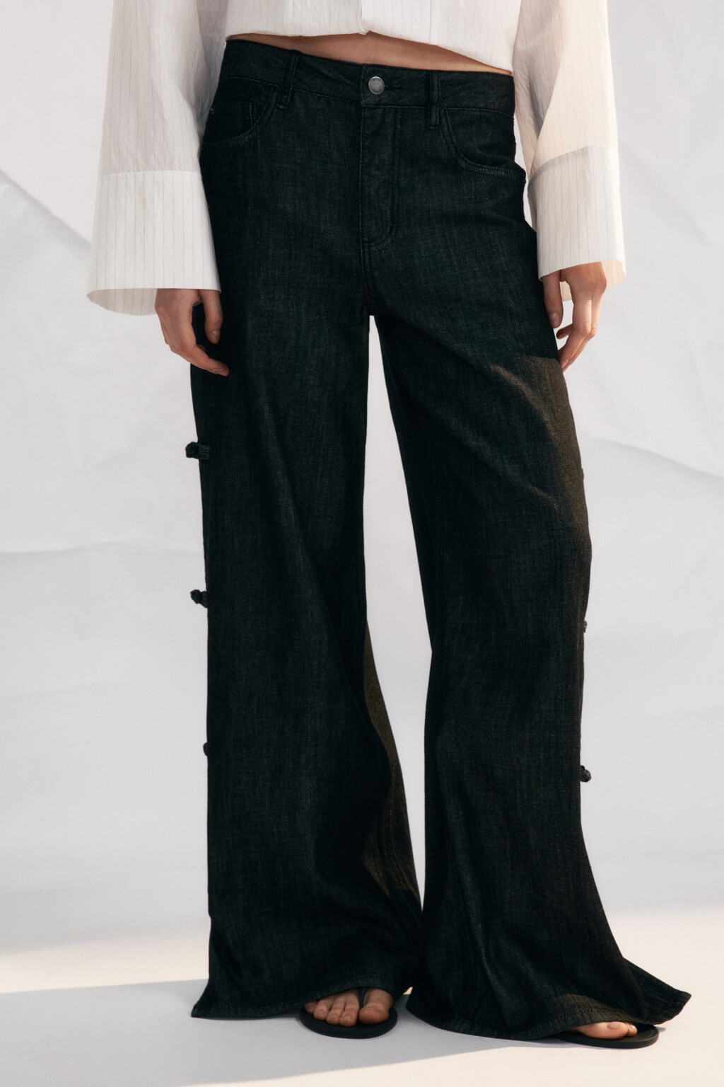 Джинсы широкие со средней посадкой в китайском стиле - цвет черный - 3