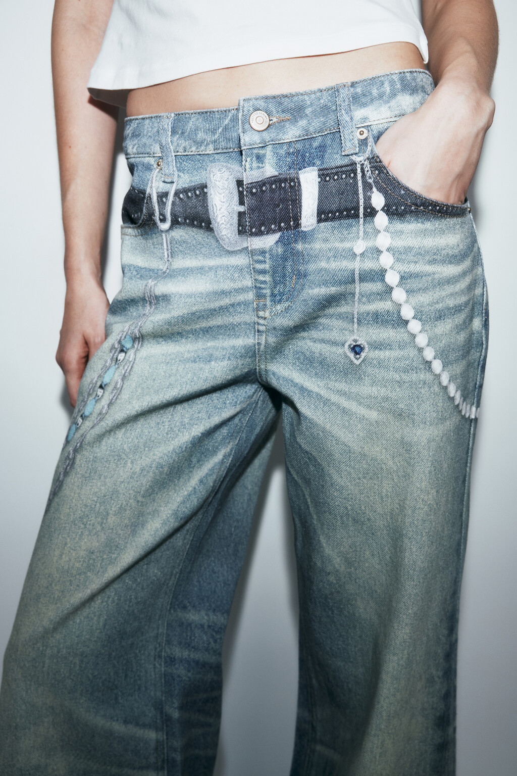 Джинсы широкие со средней посадкой и принтом - цвет синий - 5