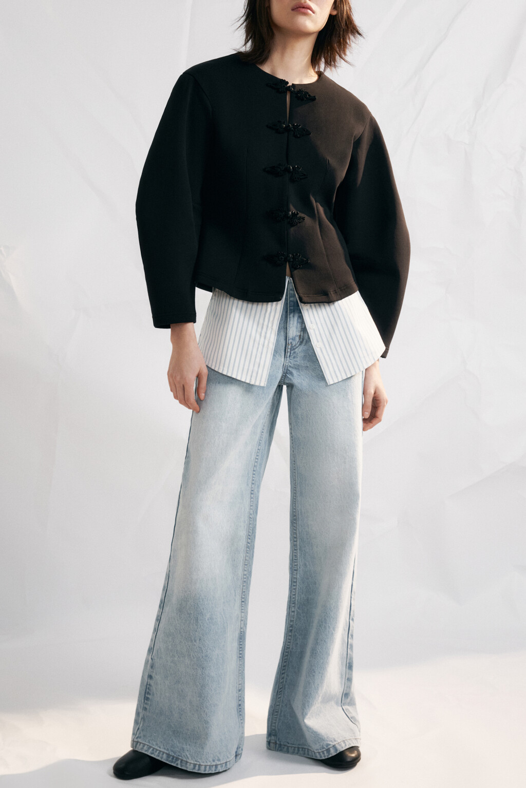 Брюки клеш со средней посадкой и имитацией рубашки - цвет голубой - 1