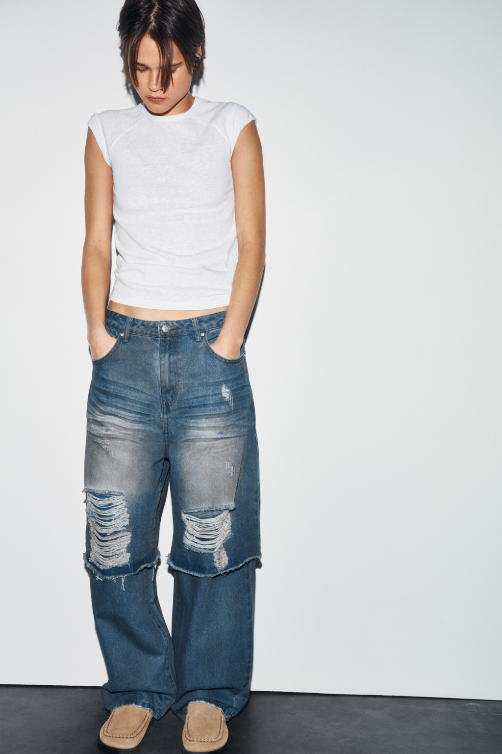 Джинсы багги с низкой посадкой и имитацией второго слоя - цвет синий - 1