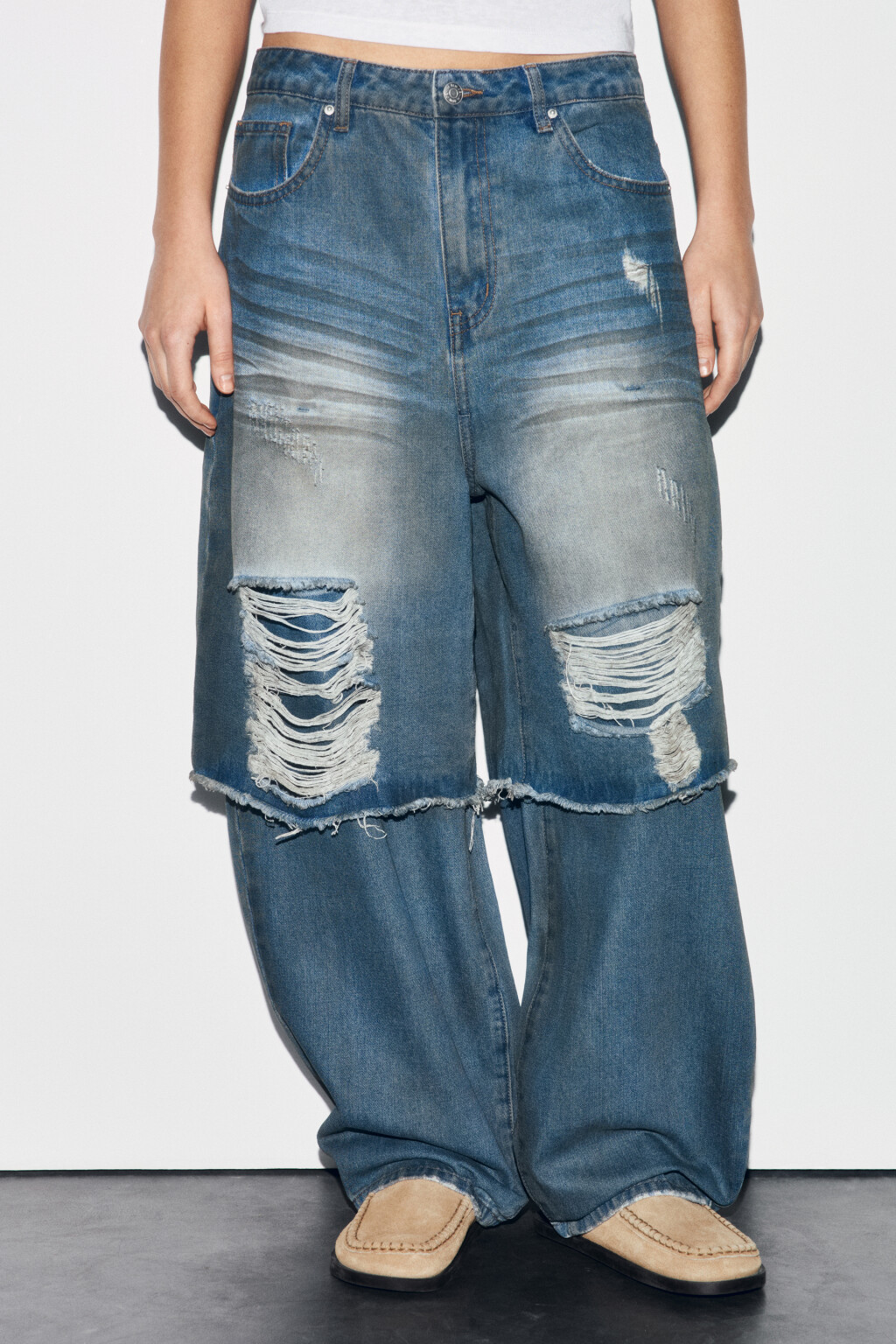 Джинсы багги с низкой посадкой и имитацией второго слоя - цвет синий - 2