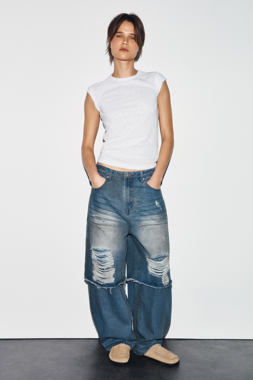 Джинсы багги с низкой посадкой и имитацией второго слоя - цвет синий - 4