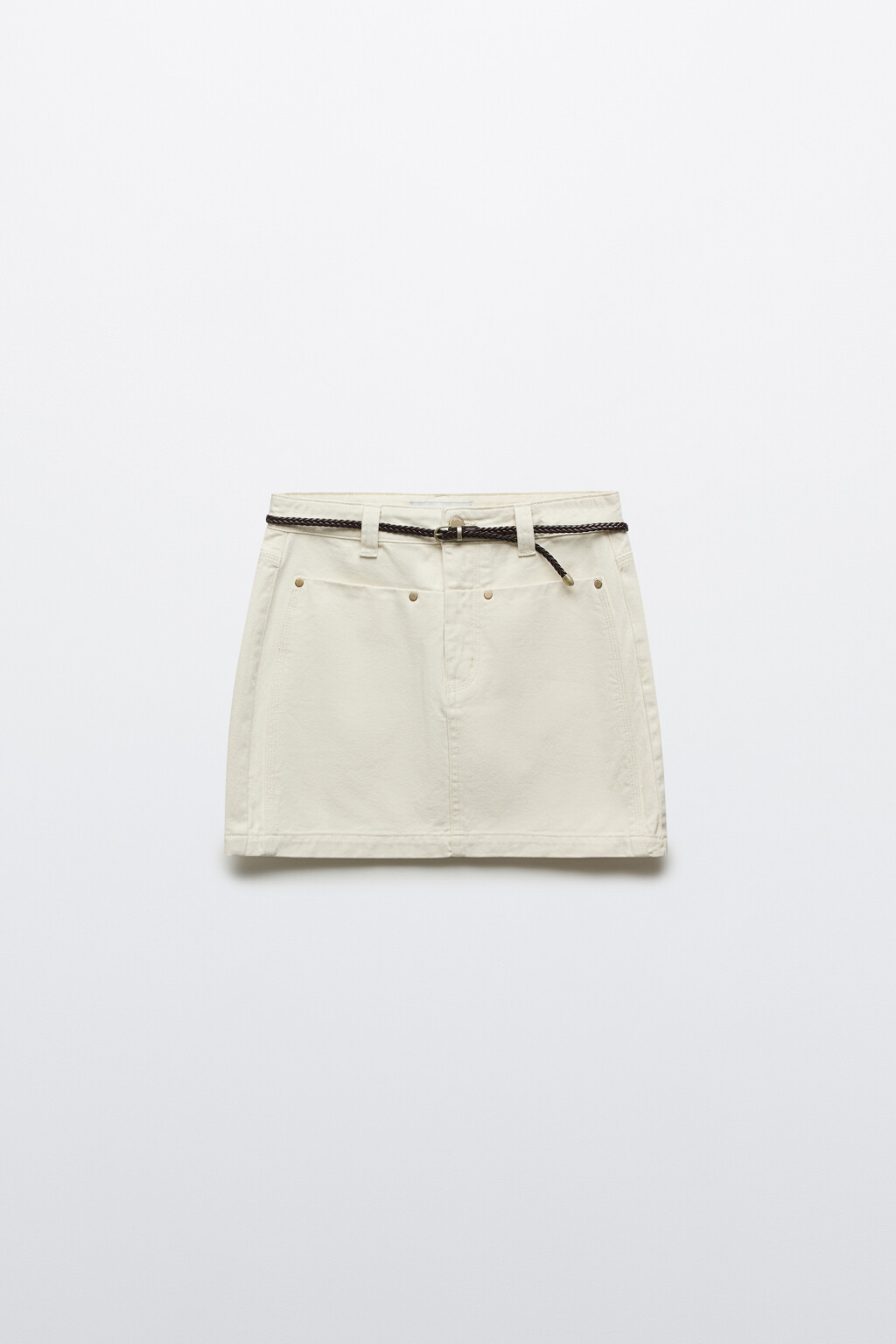 Юбка мини прямая джинсовая с ремнем - цвет бежевый - 8