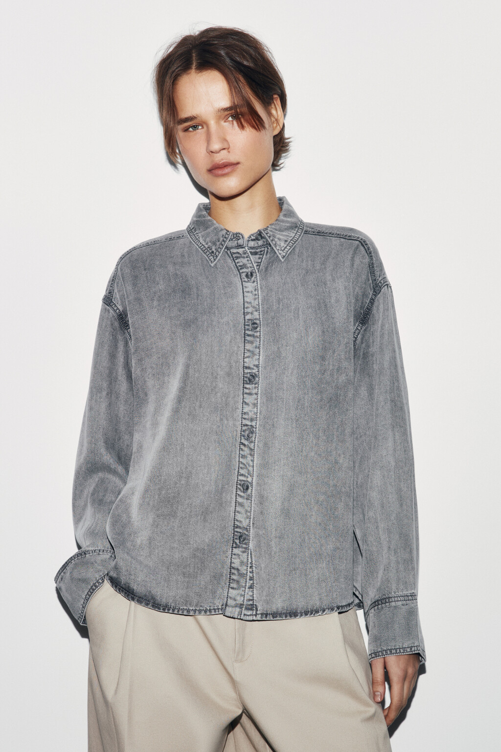 Рубашка-овершот прямая джинсовая из лиоцелла - цвет серый - 2