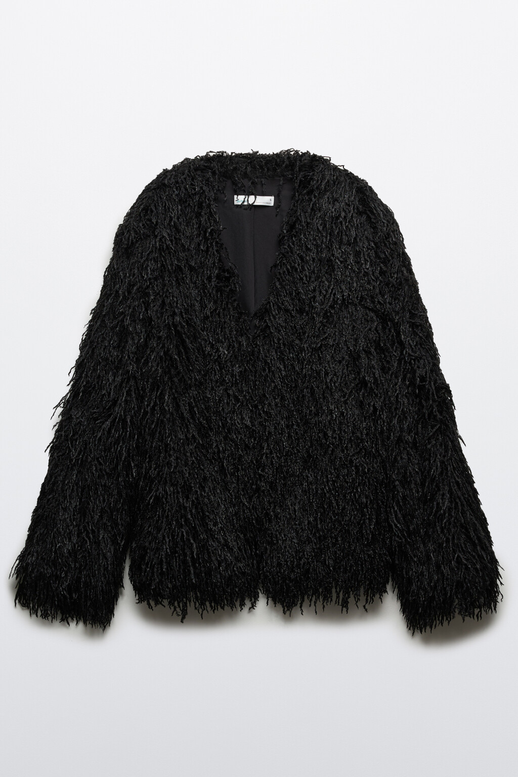 Жакет пушистый оверсайз с бахромой - цвет черный - 1
