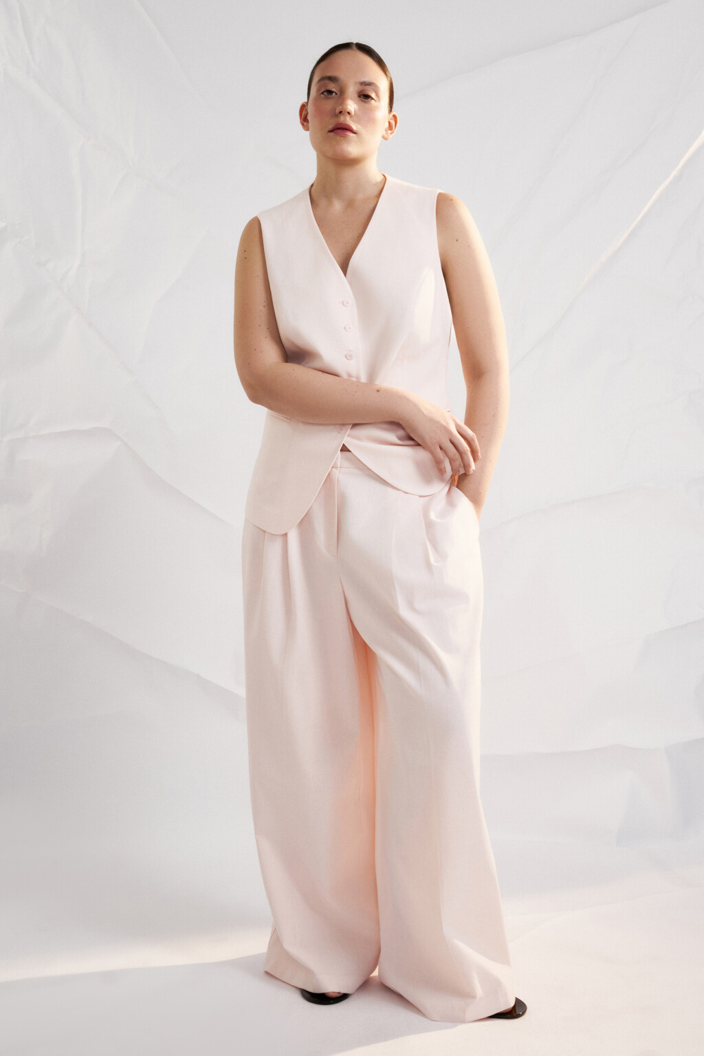 Брюки широкие костюмные с высокой посадкой - цвет розовый - 1