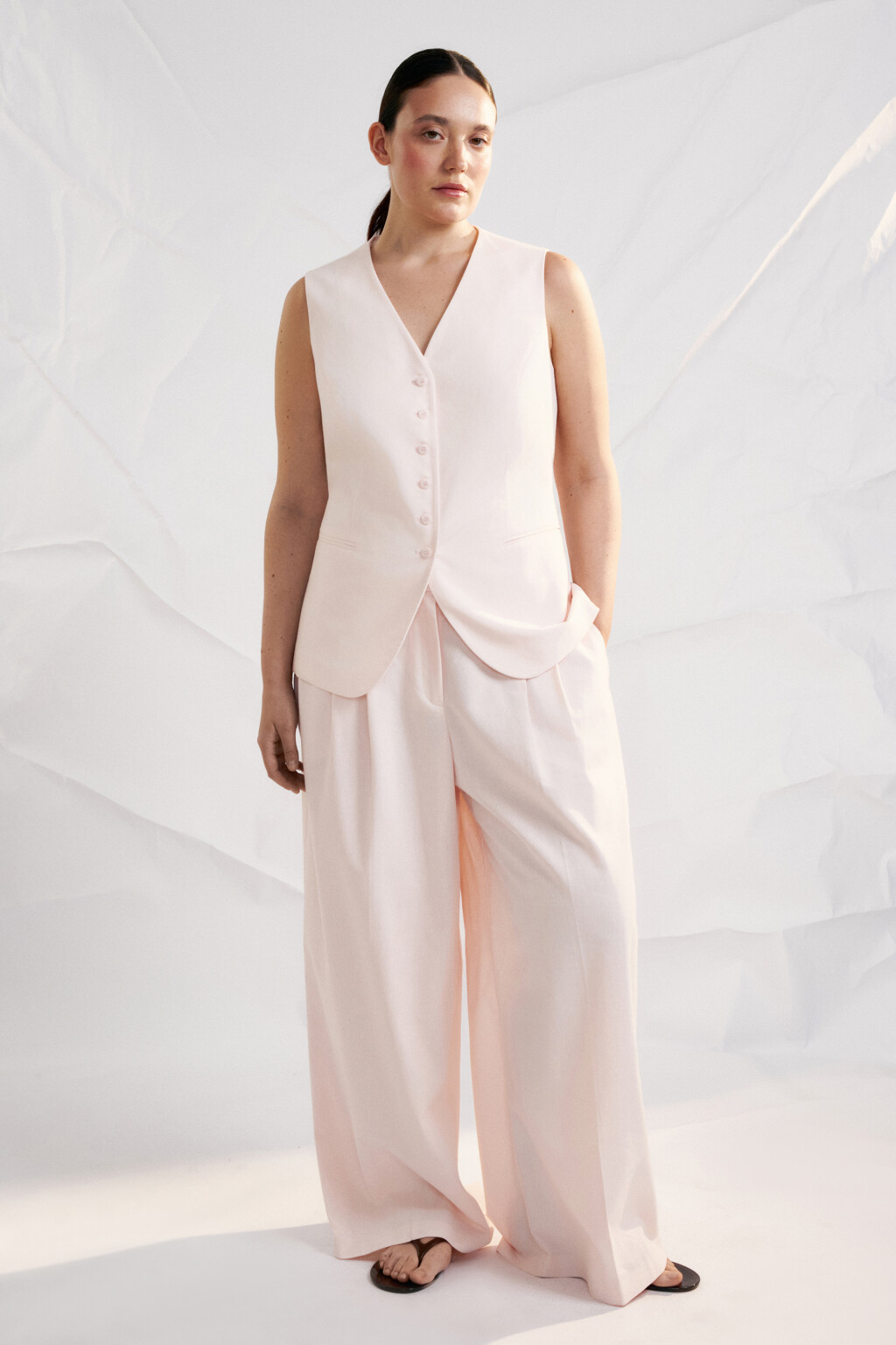 Брюки широкие костюмные с высокой посадкой - цвет розовый - 4