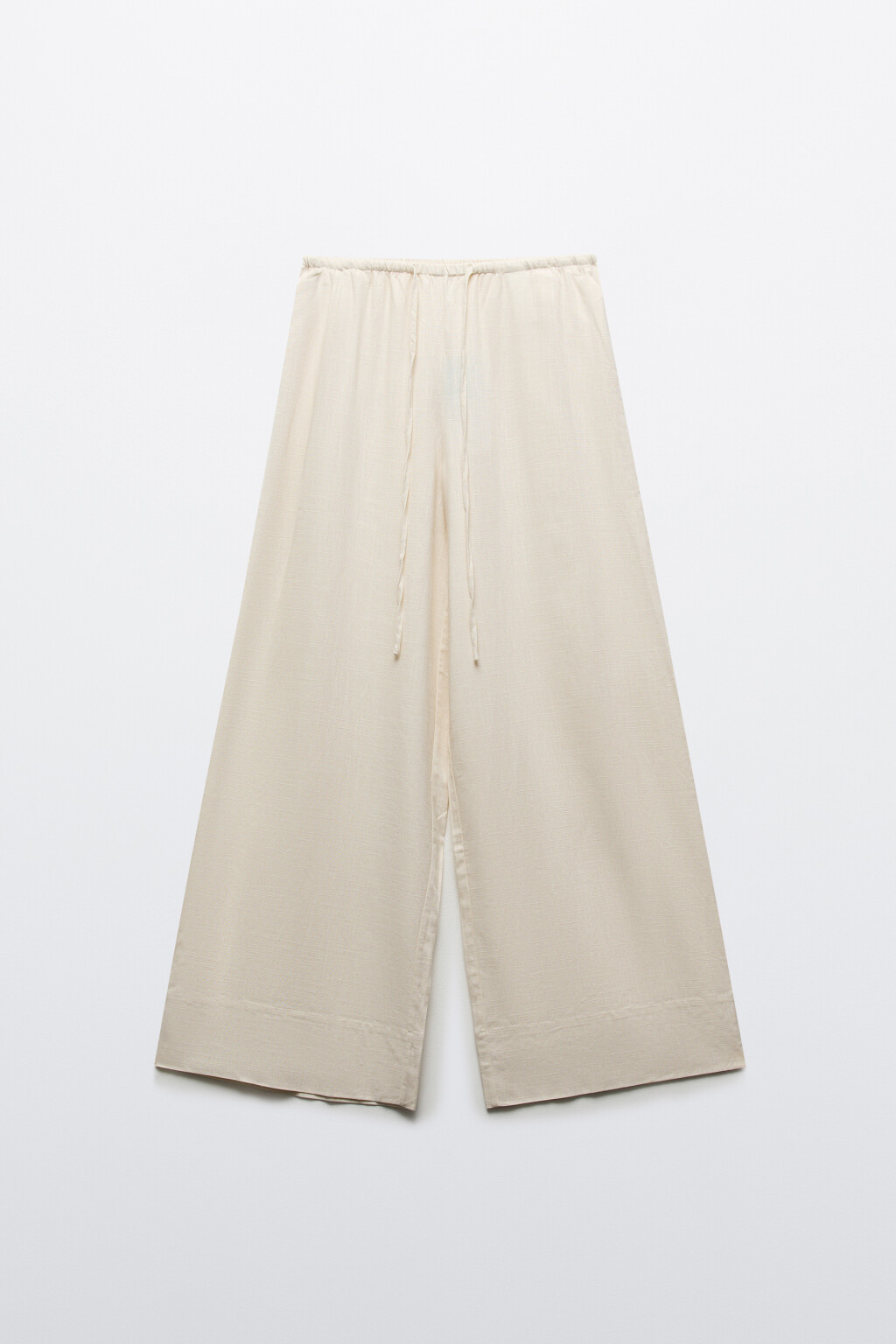Брюки широкие вискозные на завязках со льном больших размеров - цвет молочный - 7