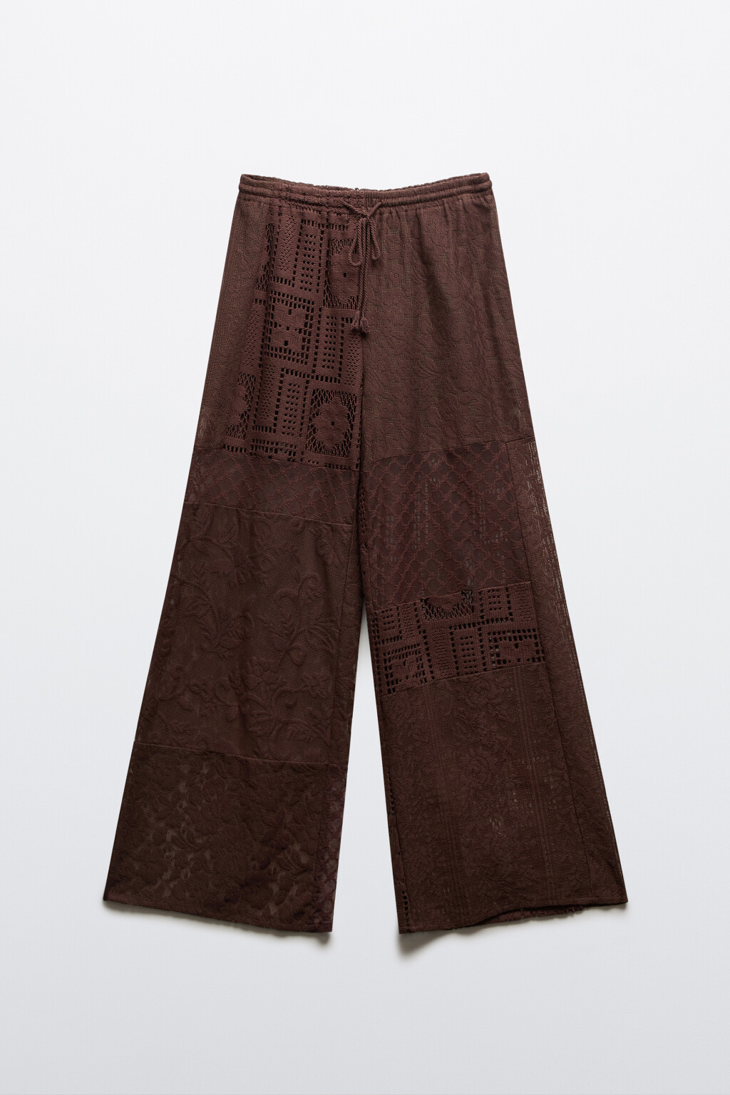 Брюки пэчворк широкие ажурные на завязках - цвет коричневый - 1