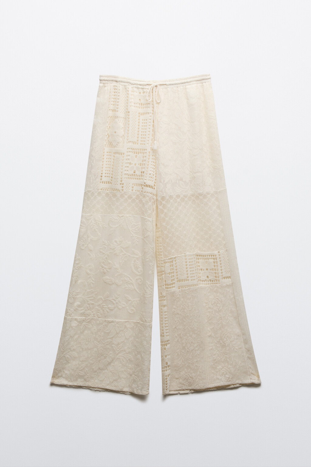 Брюки пэчворк широкие ажурные на завязках - цвет молочный - 7