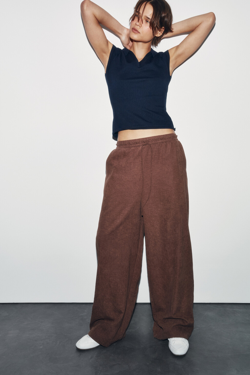 Брюки wide leg на завязках - цвет коричневый - 1