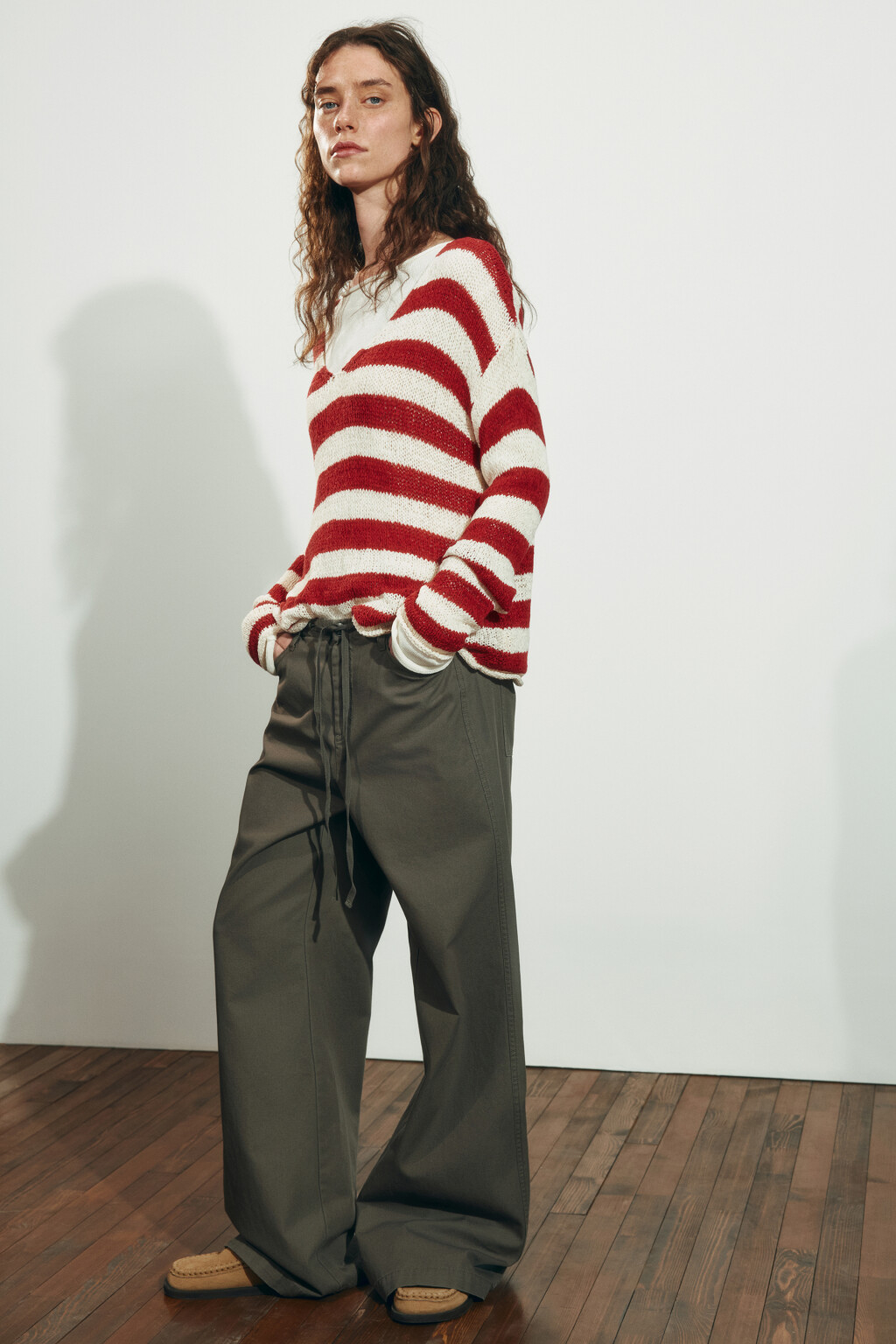 Брюки клеш хлопковые на завязках - цвет зеленый - 1