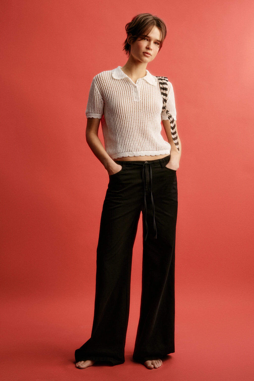 Брюки клеш хлопковые на завязках - цвет черный - 6