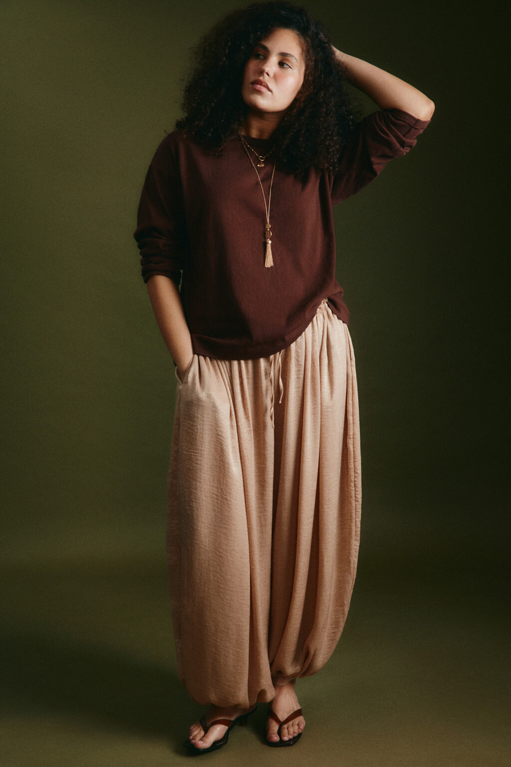 Брюки wide leg на завязках с кружевом на поясе - цвет коричневый - 1