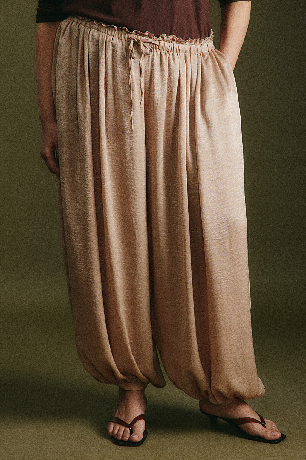 Брюки wide leg на завязках с кружевом на поясе - цвет коричневый - 2