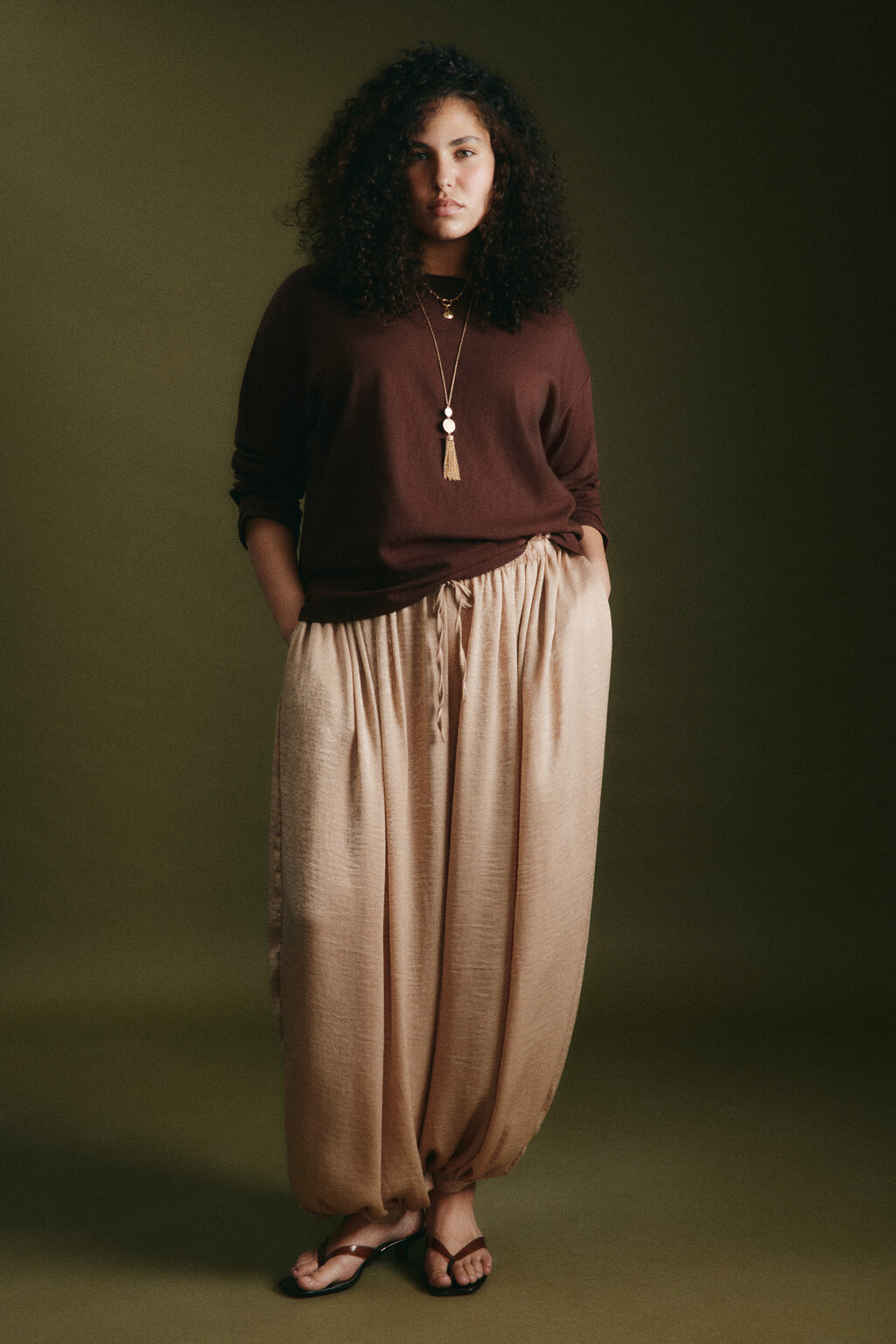 Брюки wide leg на завязках с кружевом на поясе - цвет коричневый - 4