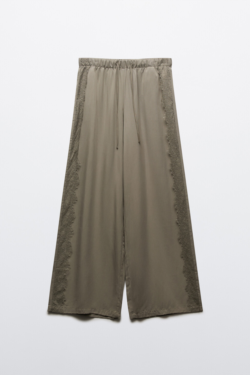 Брюки wide leg из тенсела на завязках с кружевом - цвет зеленый - 8