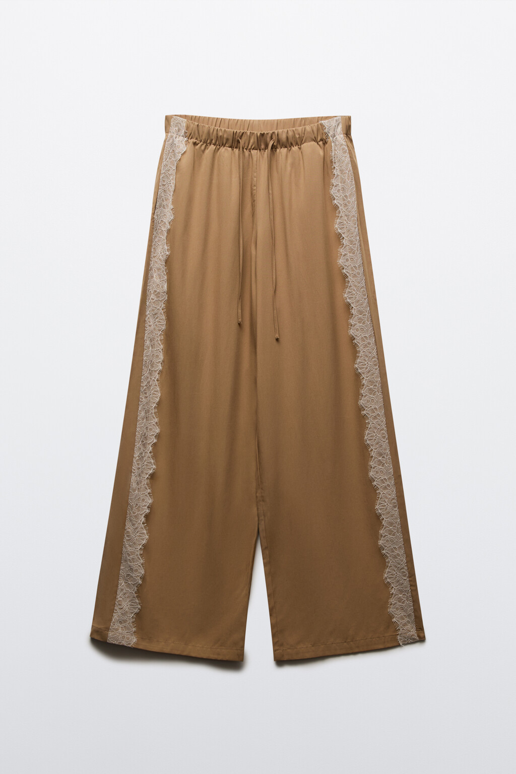 Брюки wide leg из тенсела на завязках с кружевом - цвет бежевый - 8