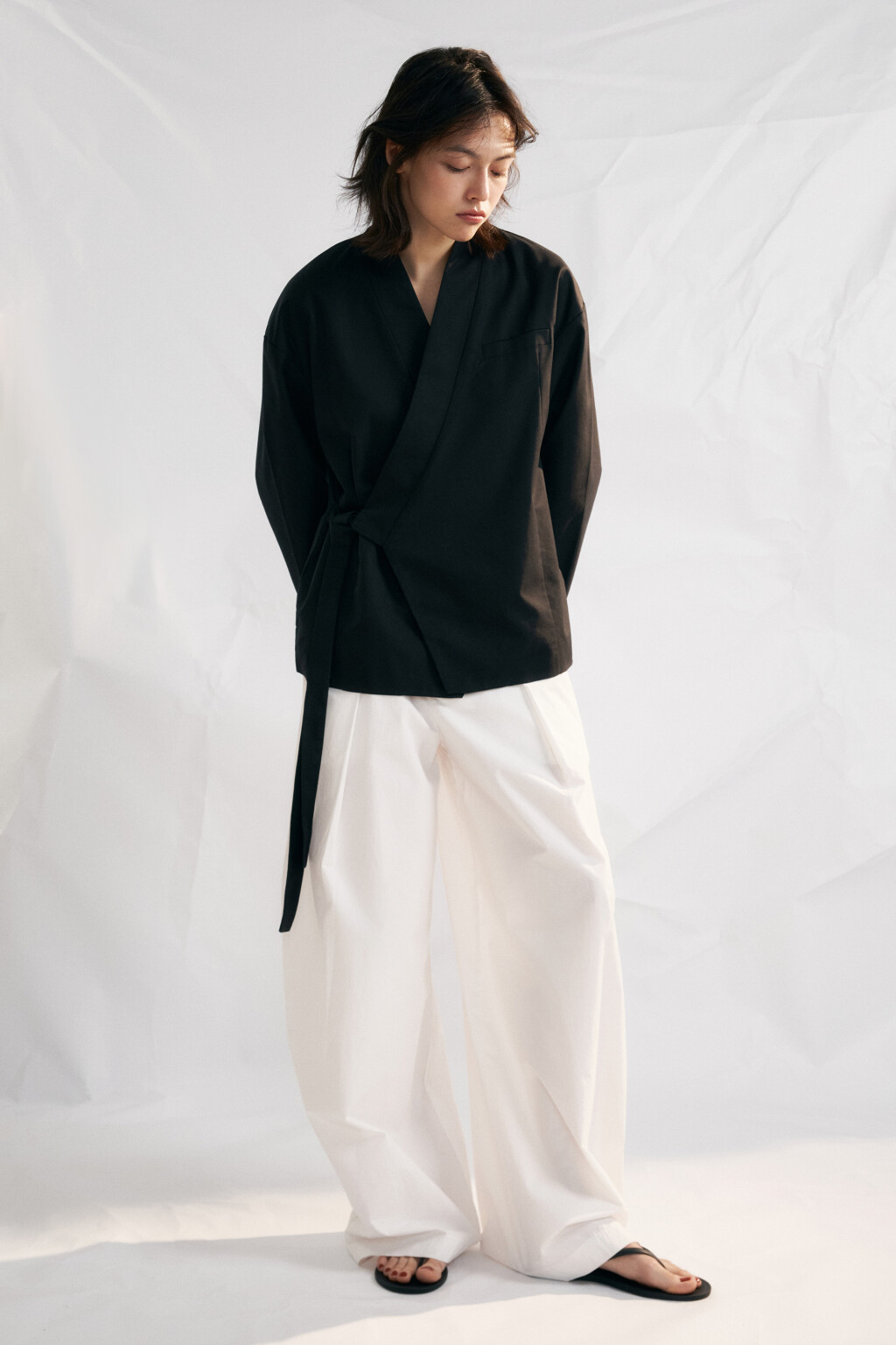 Брюки широкие хлопковые со средней посадкой - цвет белый - 5