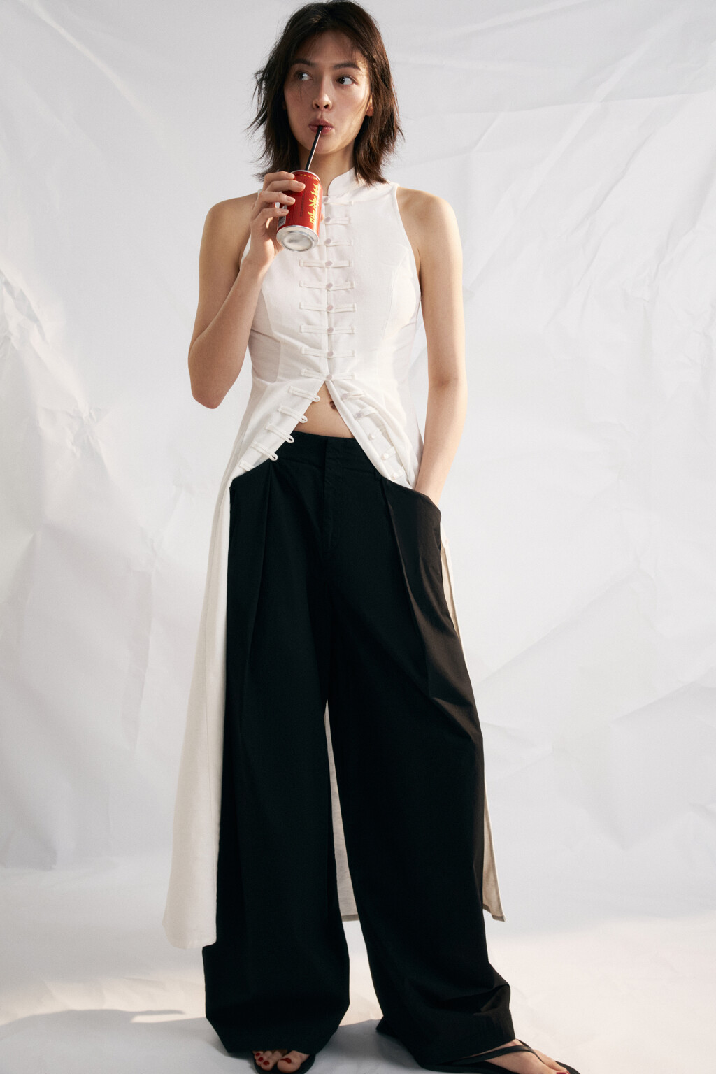 Брюки широкие хлопковые со средней посадкой - цвет черный - 1