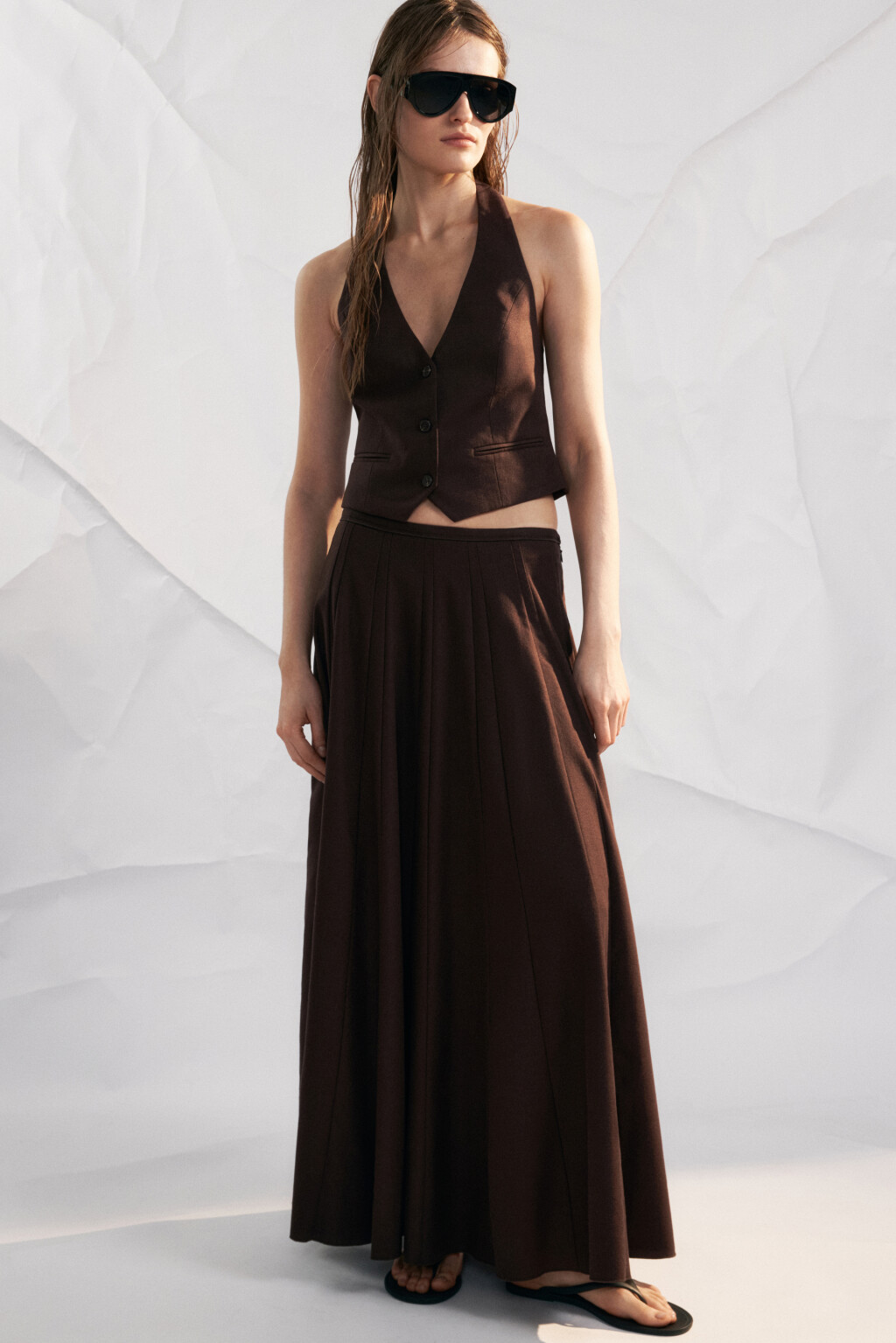 Юбка-трапеция макси с клиньями и льном - цвет коричневый - 1