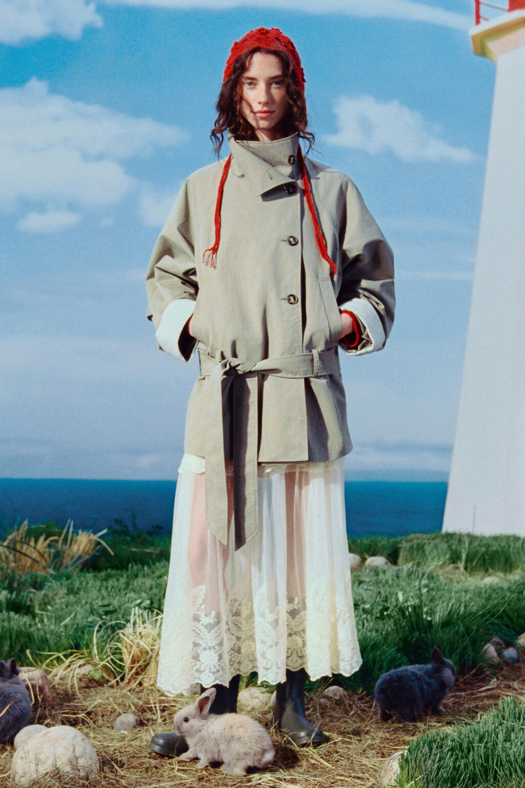 Юбка-трапеция миди двухслойная с узором - цвет молочный - 1