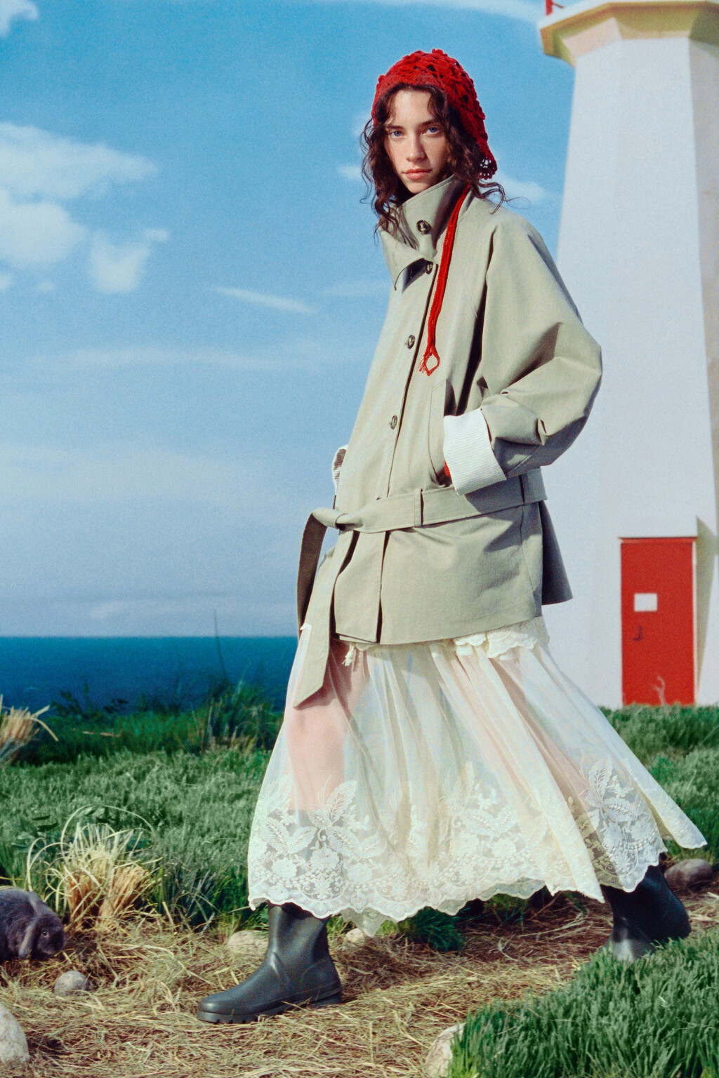 Юбка-трапеция миди двухслойная с узором - цвет молочный - 2