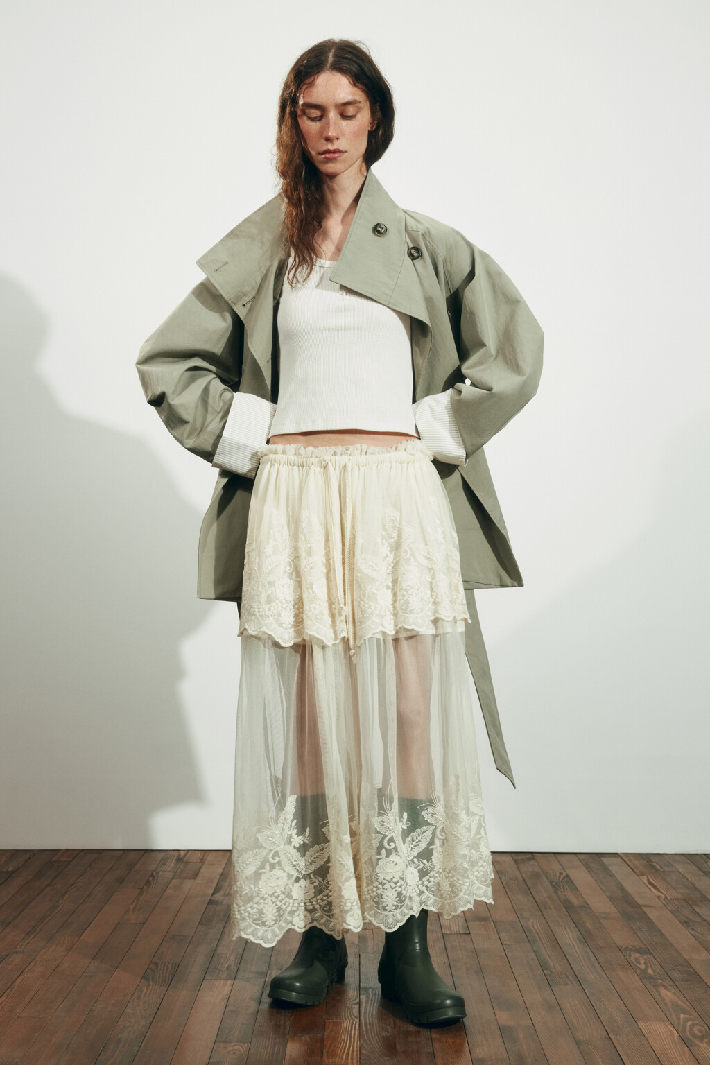 Юбка-трапеция миди двухслойная с узором - цвет молочный - 6