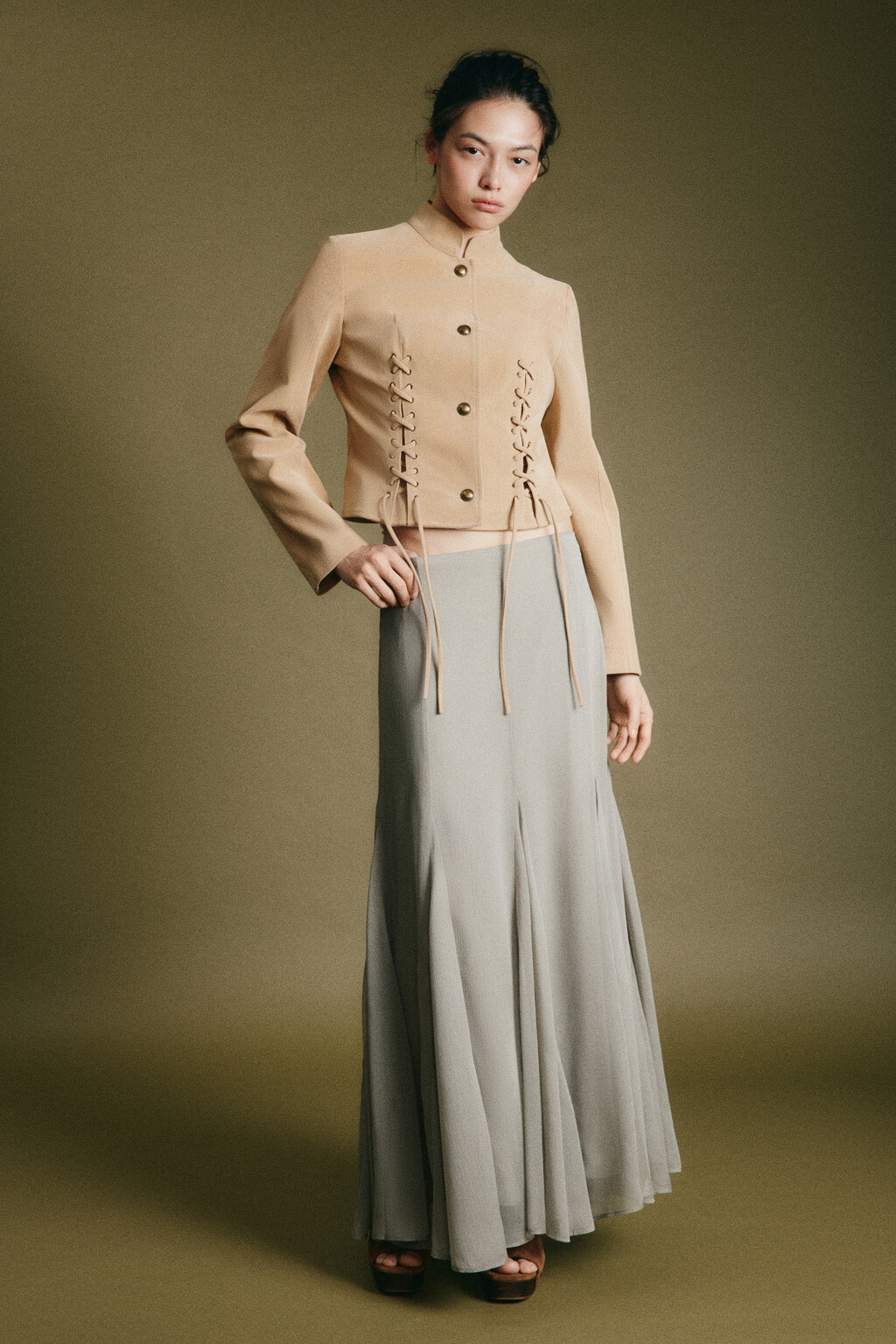 Юбка-годе макси шифоновая с высокой посадкой и клиньями - цвет зеленый - 4