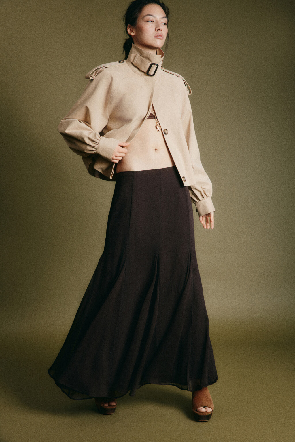 Юбка-годе макси шифоновая с высокой посадкой и клиньями - цвет коричневый - 1