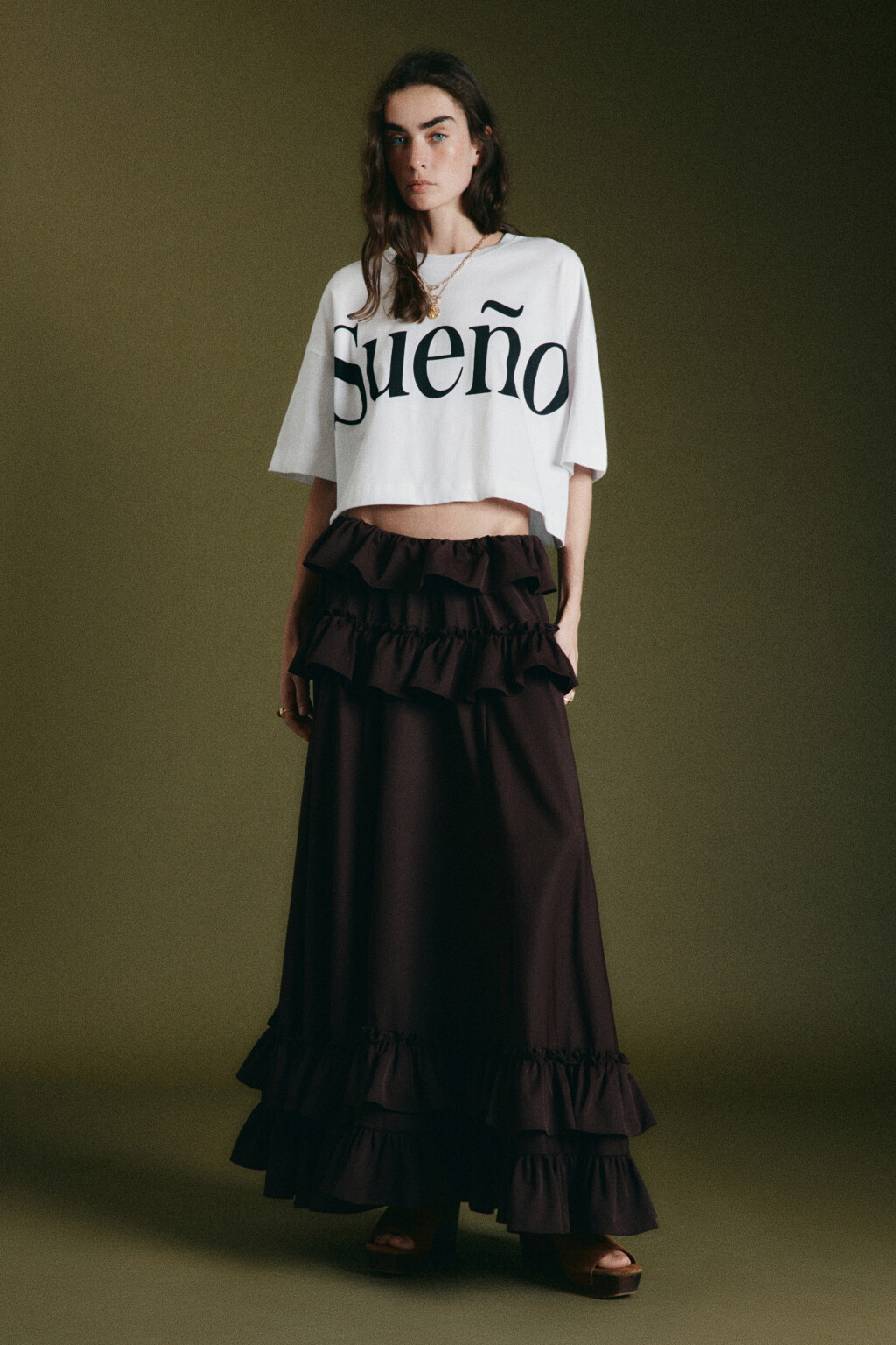 Юбка макси со средней посадкой и ярусными воланами - цвет коричневый - 4