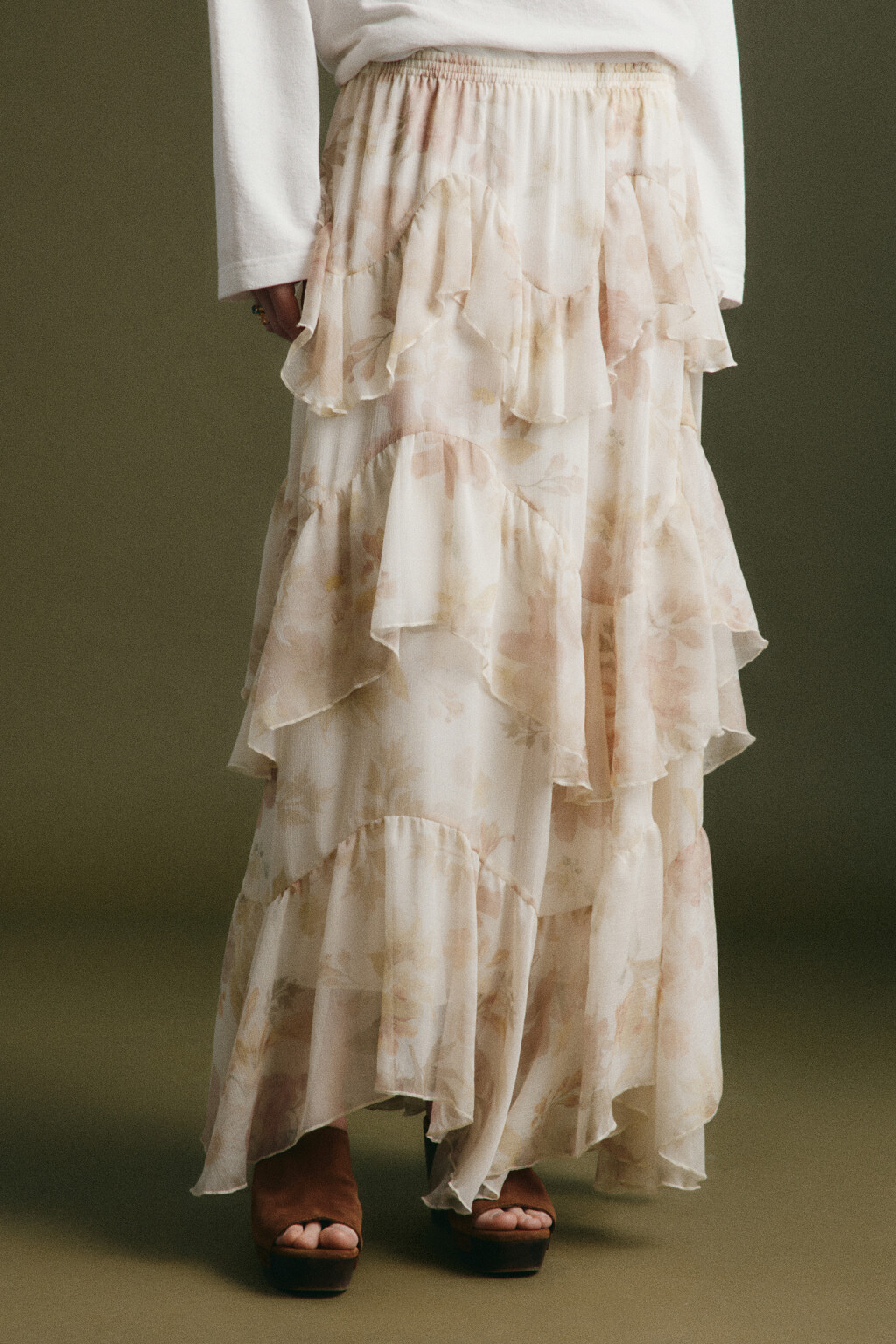 Юбка миди шифоновая многоярусная с цветочным принтом - цвет мультиколор - 2