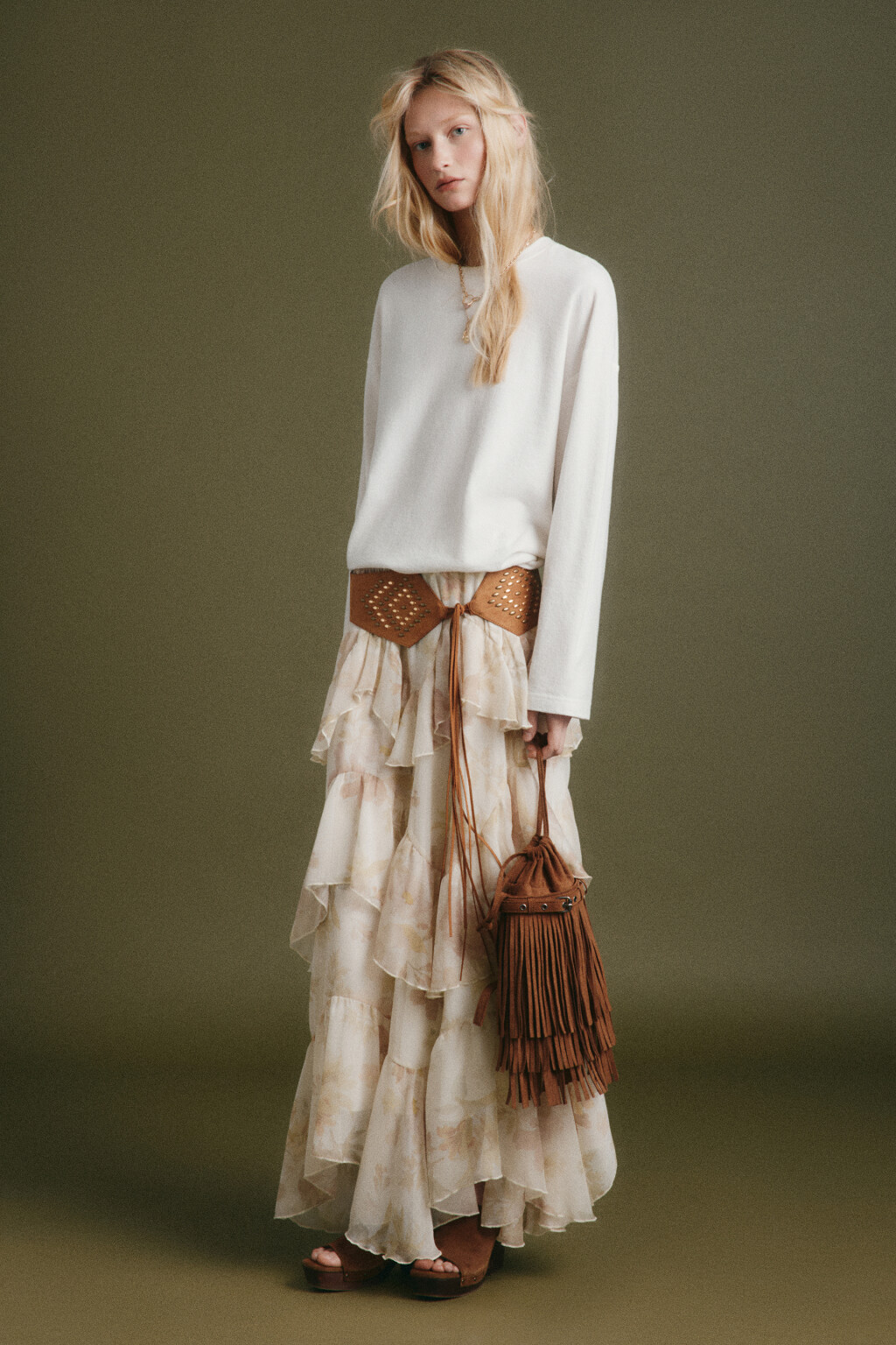 Юбка миди шифоновая многоярусная с цветочным принтом - цвет мультиколор - 4