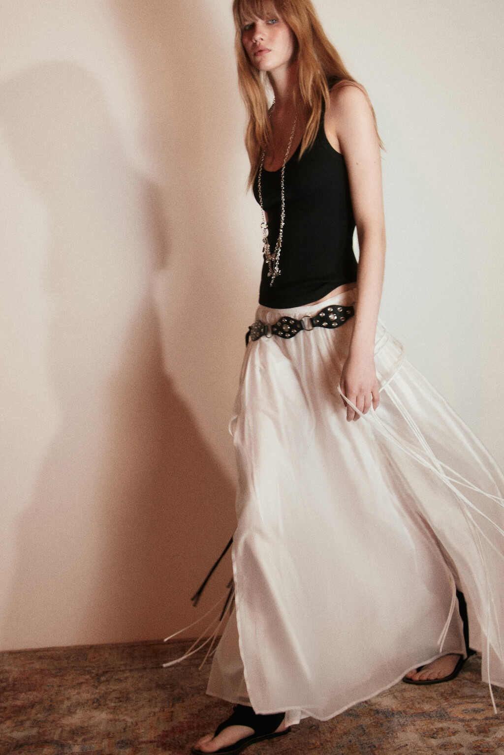 Юбка-трапеция миди из тенсела с разрезами - цвет молочный - 1