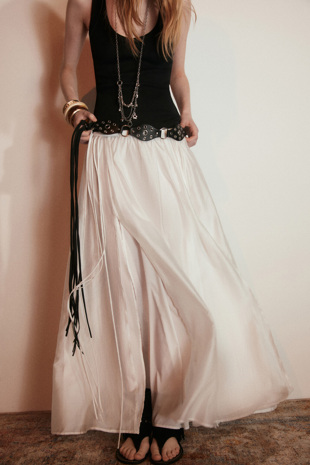 Юбка-трапеция миди из тенсела с разрезами - цвет молочный - 2