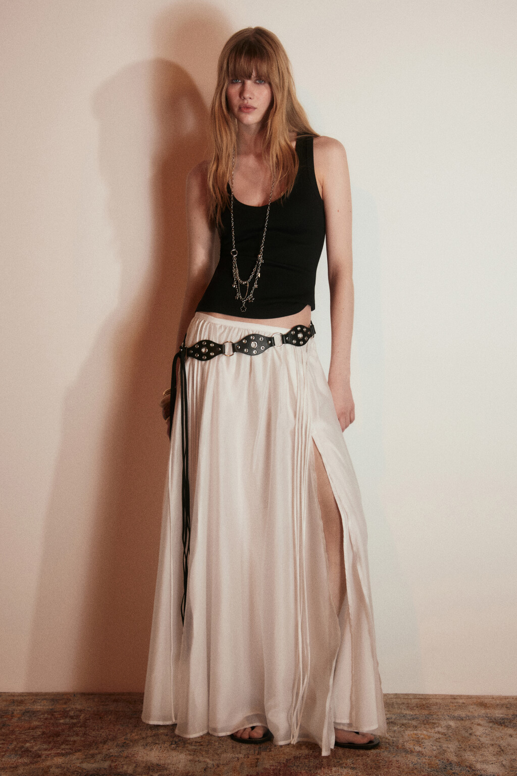 Юбка-трапеция миди из тенсела с разрезами - цвет молочный - 5