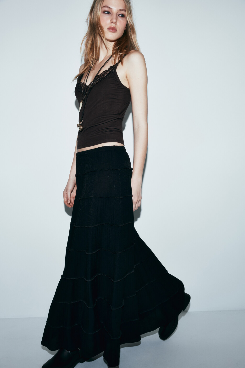 Юбка макси многоярусная пышная - цвет черный - 1