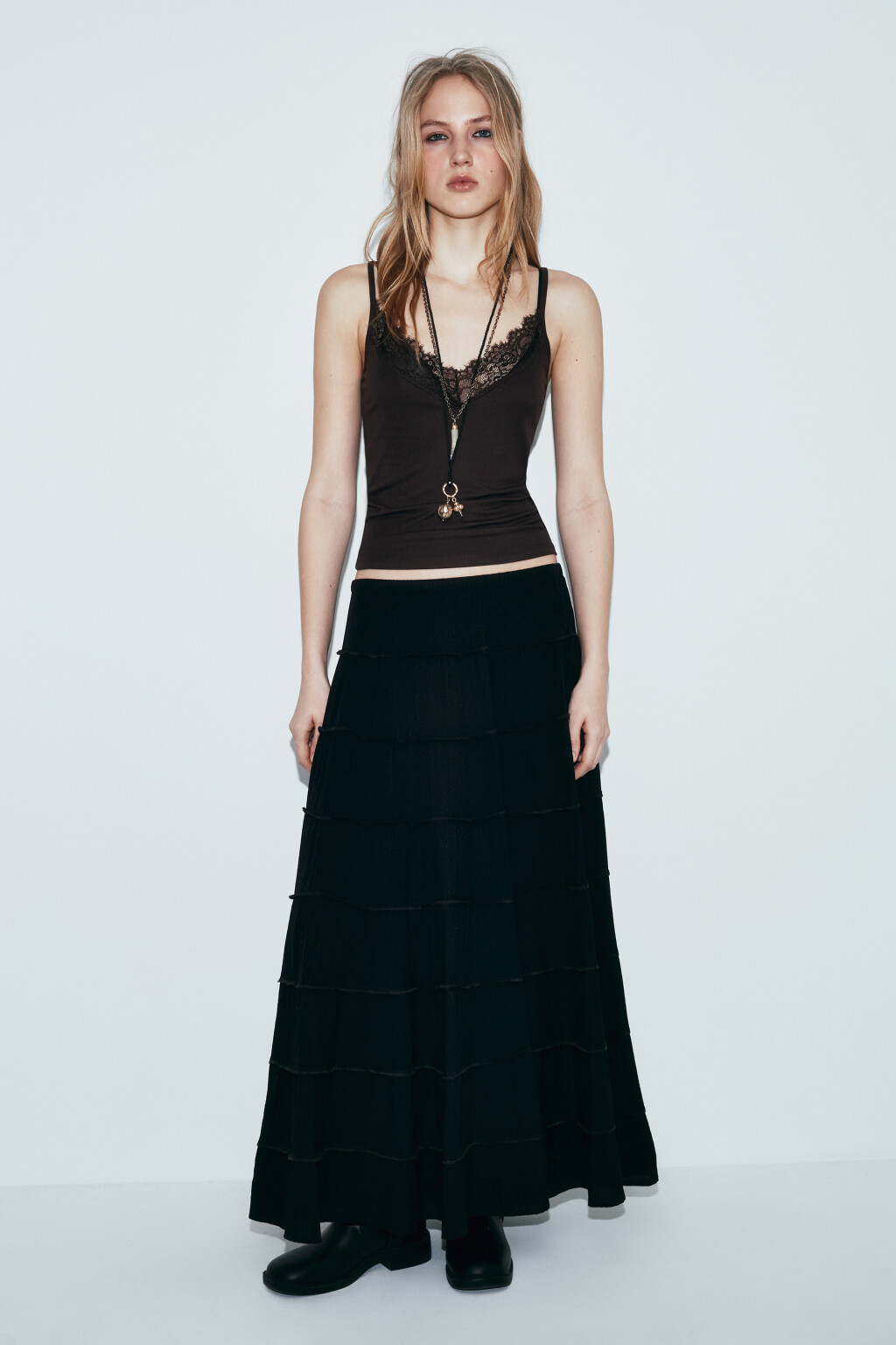Юбка макси многоярусная пышная - цвет черный - 5