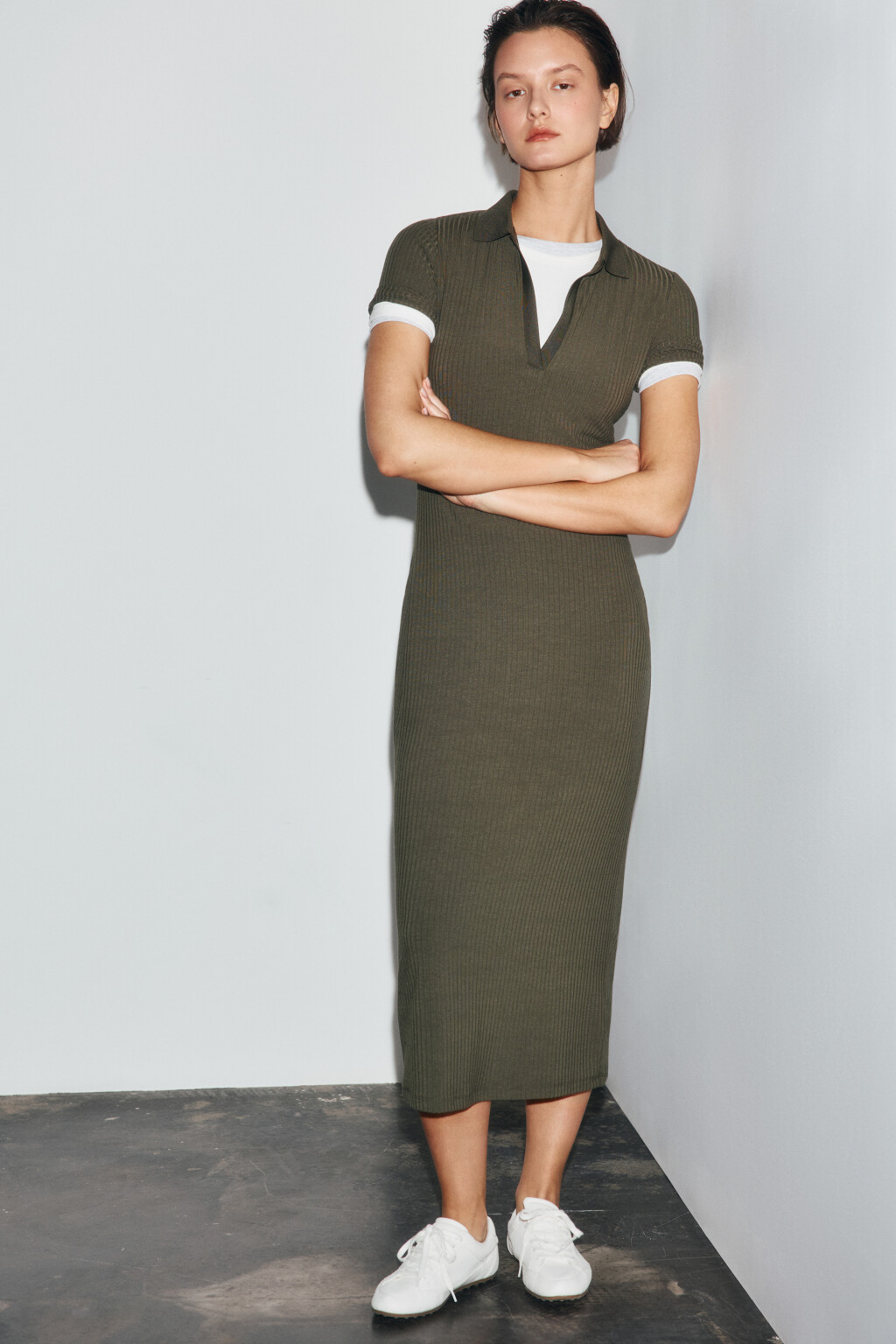 Платье-поло миди в рубчик - цвет зеленый - 1