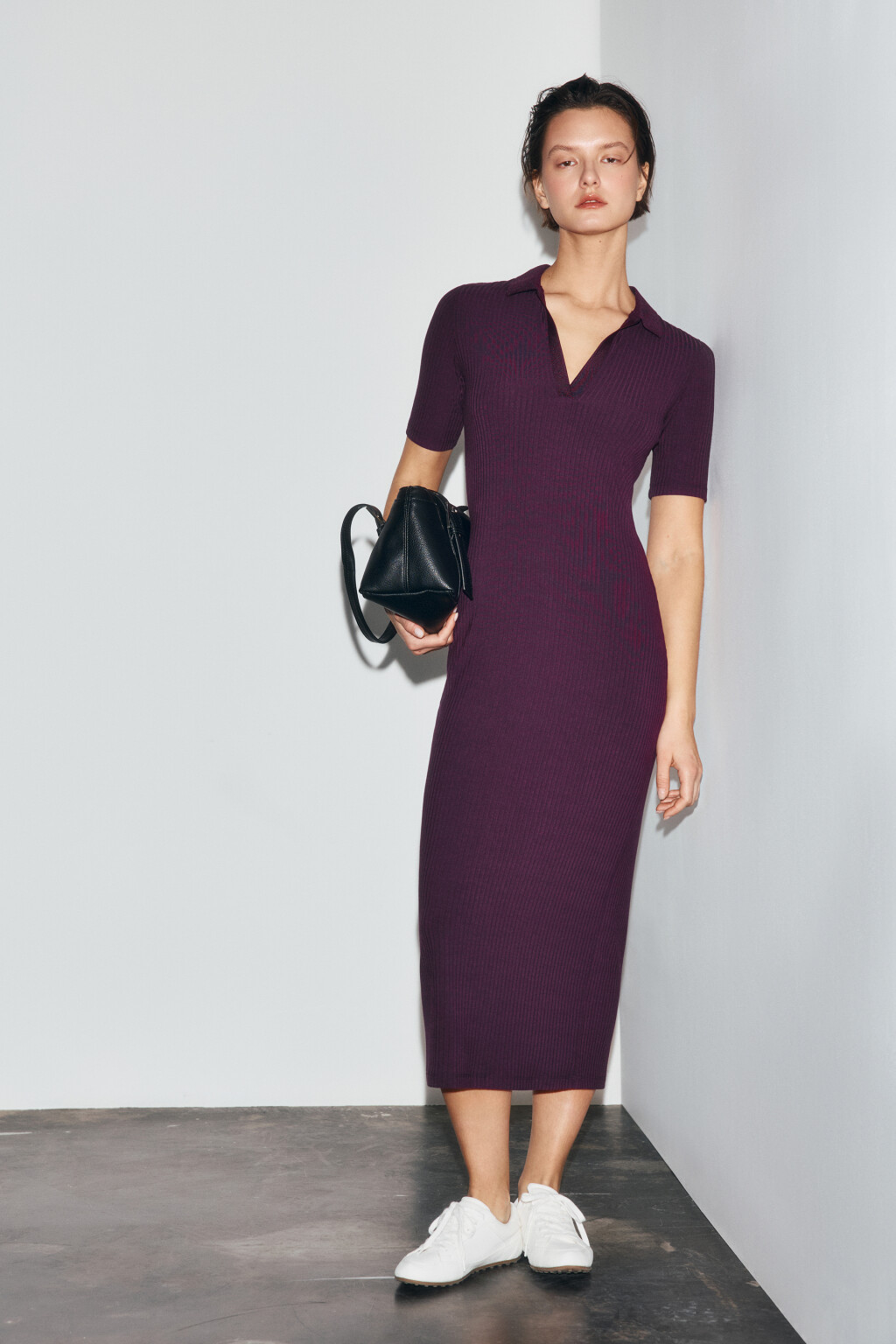 Платье-поло миди в рубчик - цвет красный - 1