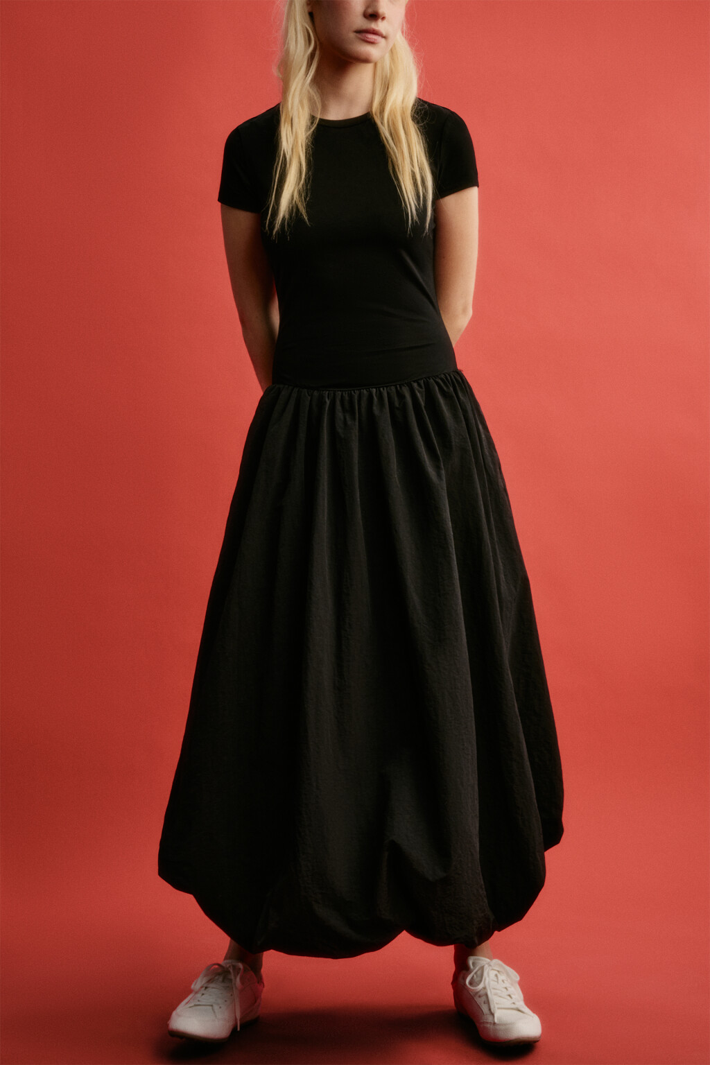 Платье-баллон макси хлопковое с пышной юбкой - цвет черный - 1