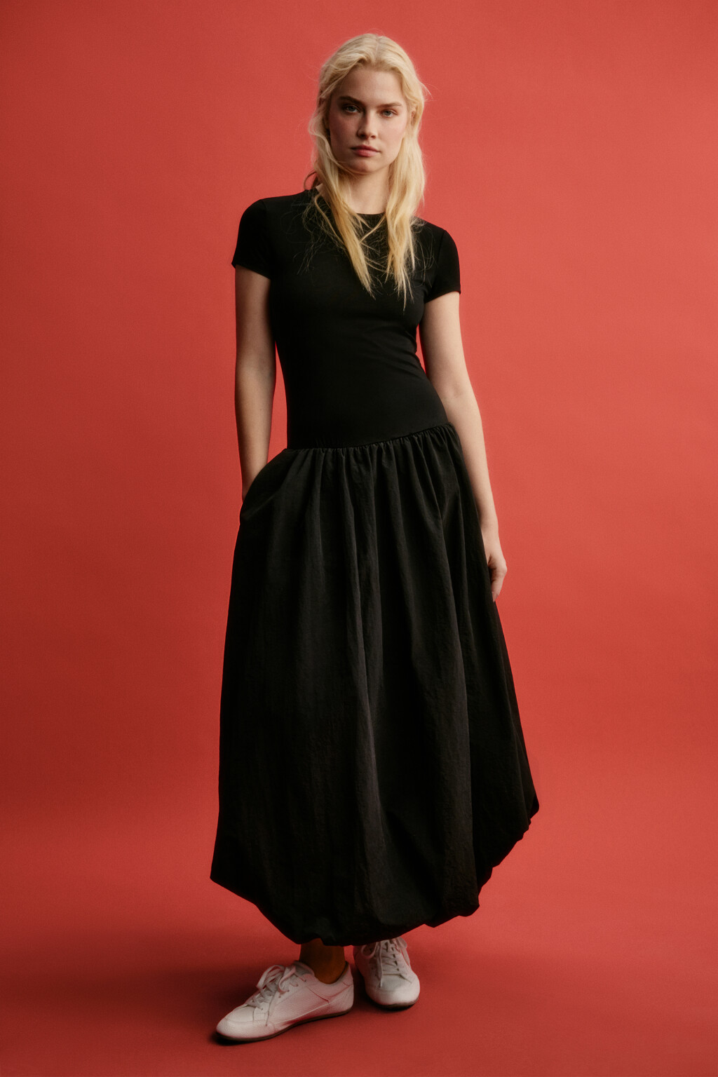 Платье-баллон макси хлопковое с пышной юбкой - цвет черный - 3